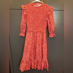 Karlie Smocked Midi Dress Red Leopard Print Ruffle Long Sleeve Size S